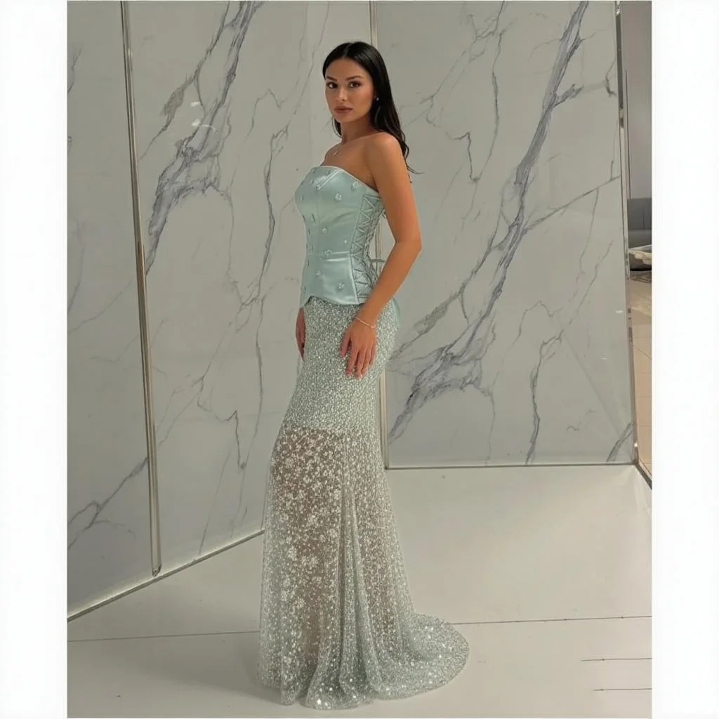 Vestido de noche personalizado verde menta sin tirantes con cuentas, vestido Formal largo para mujer, vestido de fiesta brillante con lentejuelas, vestido de invitados de boda