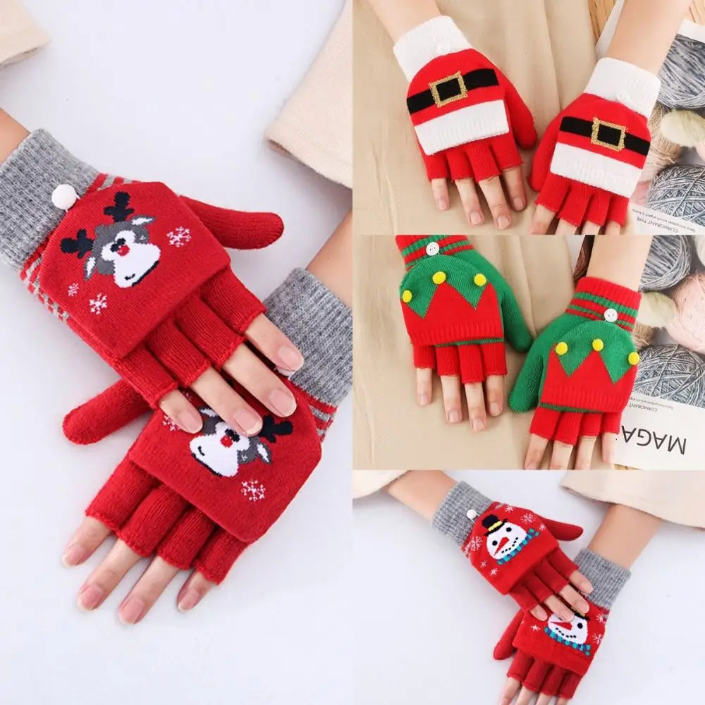 Soft Acrylic Fabrics Christmas Gloves Christmas Tree Elk Pattern Keep Warm Half Finger Gloves Cycling Gloves Christmas