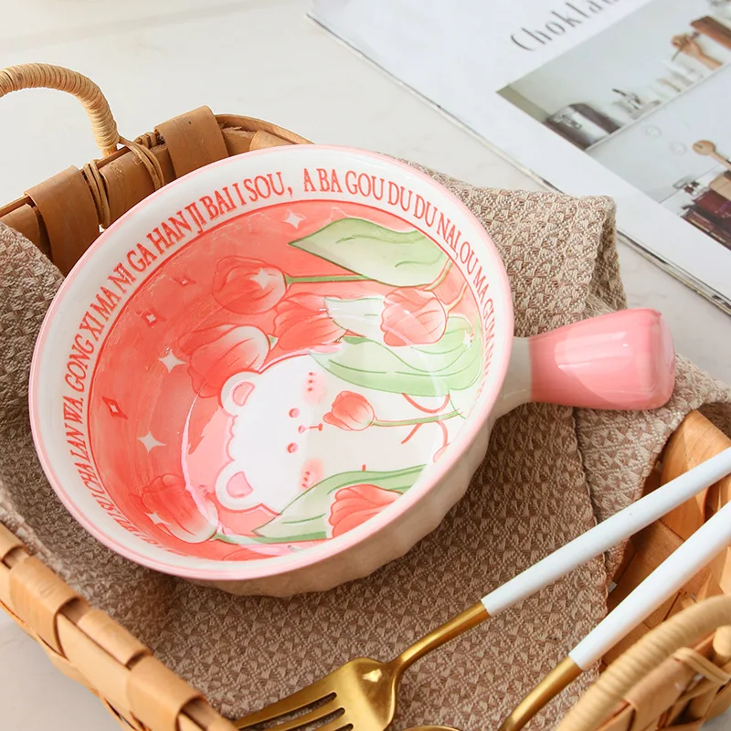 

Creative Pink Bear Handle Bowl Ceramic Cartoon Single Handle Baked Rice Household Salad Breakfast Noodle Bowl Kitchen Utensils