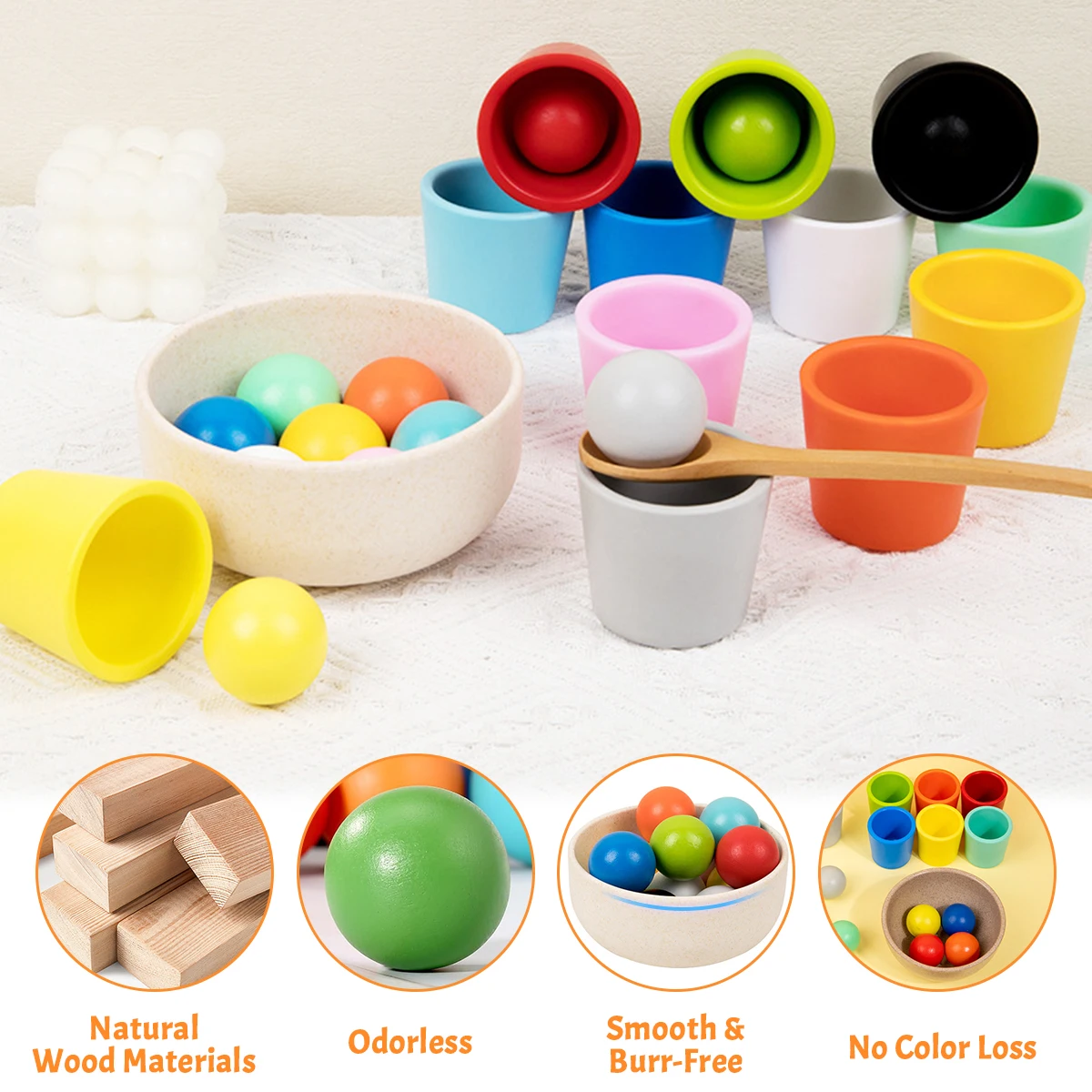 Baby Montessori Wooden Toy Rainbow Ball and Cups Color Sorting Games Fine Motor Early Education Learning Toys Gifts for Children