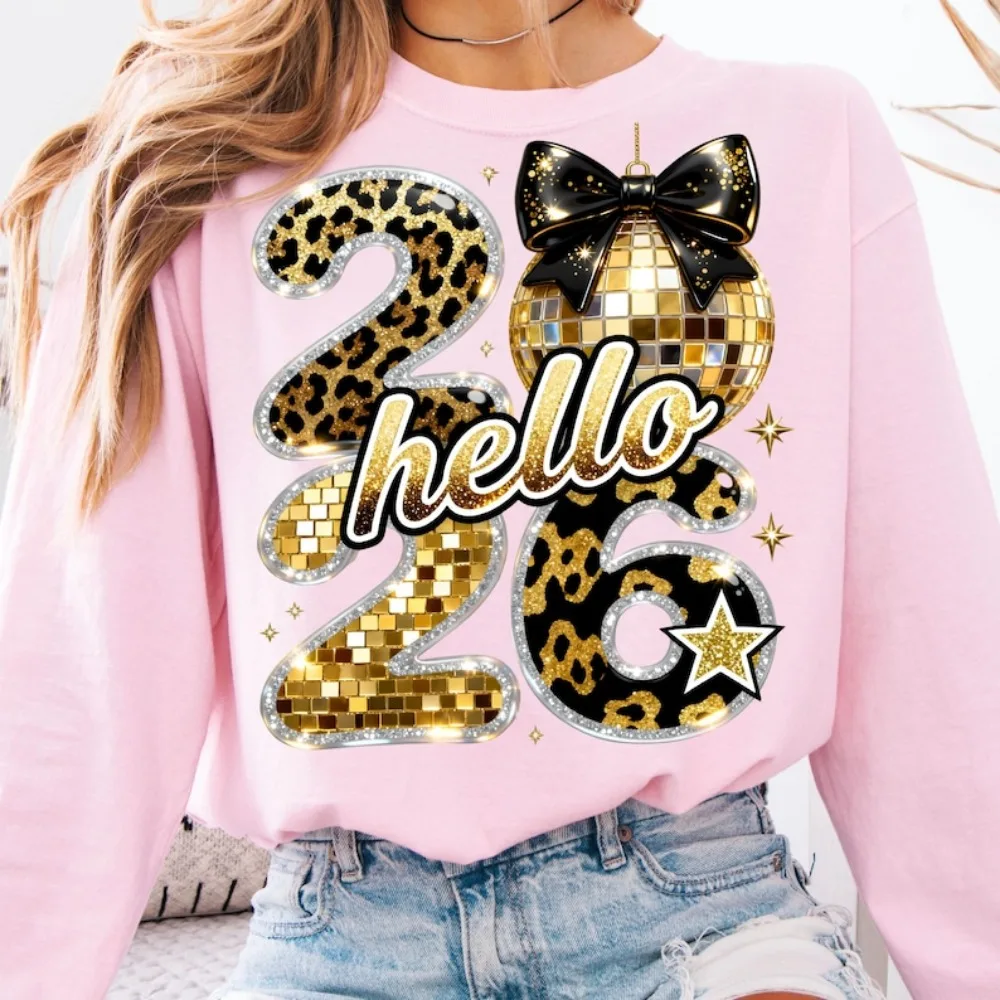 Happy New Year 2026 Hoodie Hello 2026 Sublimation Trendy New Years Eve Black Gold Glitter Sequins Festive New Year Party Tops