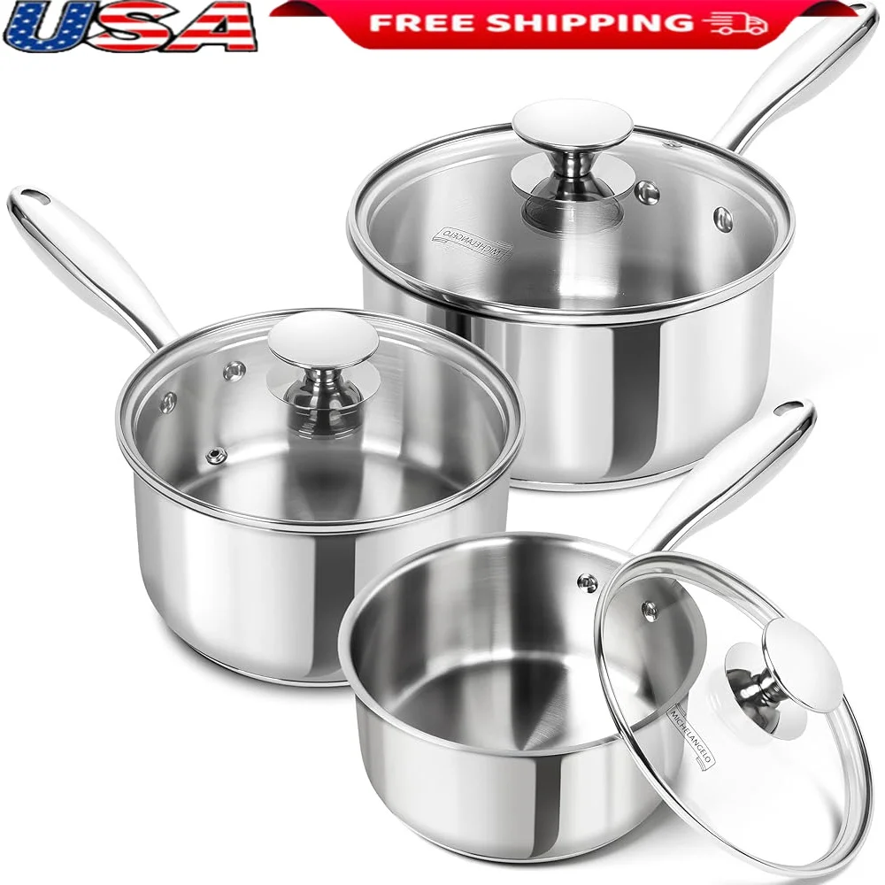 

Stainless Steel Saucepan Set Induction Compatible 1 2 3 Qt Cookware with Lids Dishwasher Safe Ergonomic Handles Quality Heat