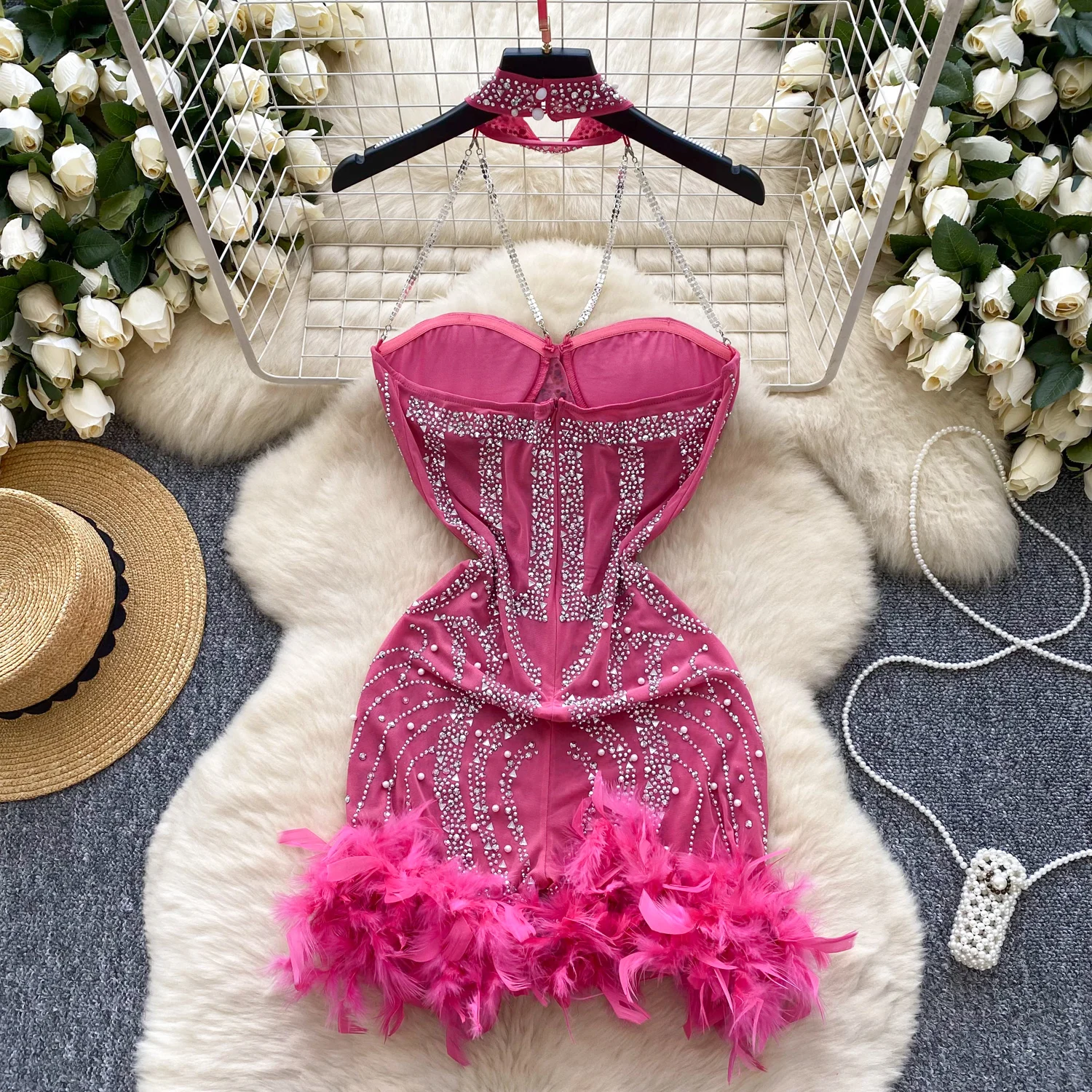 Hotsweet Sleeveless Vintage Halter Chic Embroidered Bead Rhinestone Feather Spliced Slim Pencil Dress High Street Women Clothing