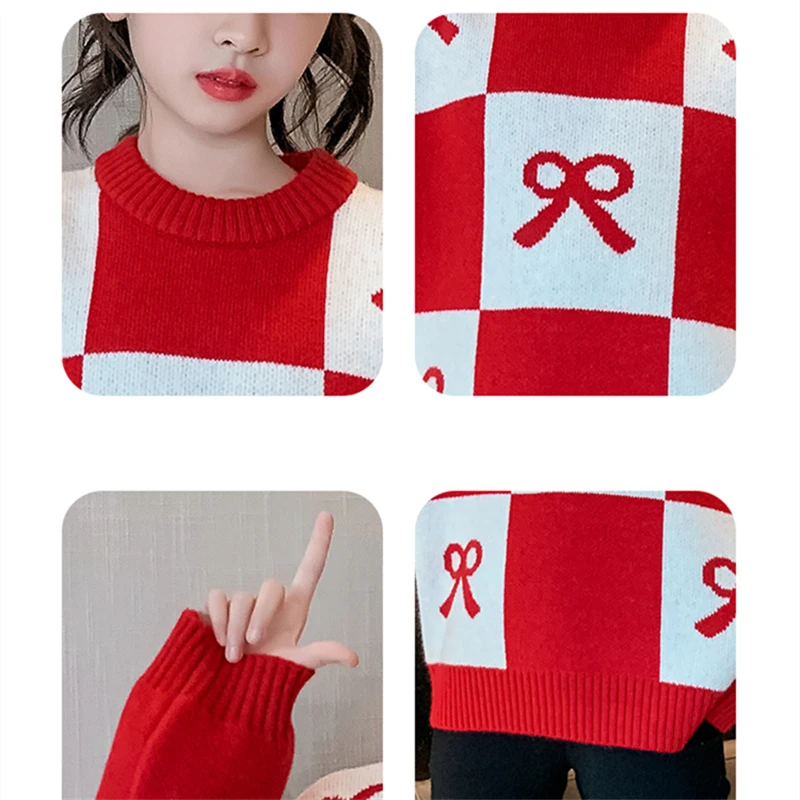 أنيقة الأطفال ربيع الخريف الأحمر منقوشة سترة مع الانحناء للفتيات تصميم الأزياء تريكو ملابس الاطفال عارضة تريكو 4-14Y