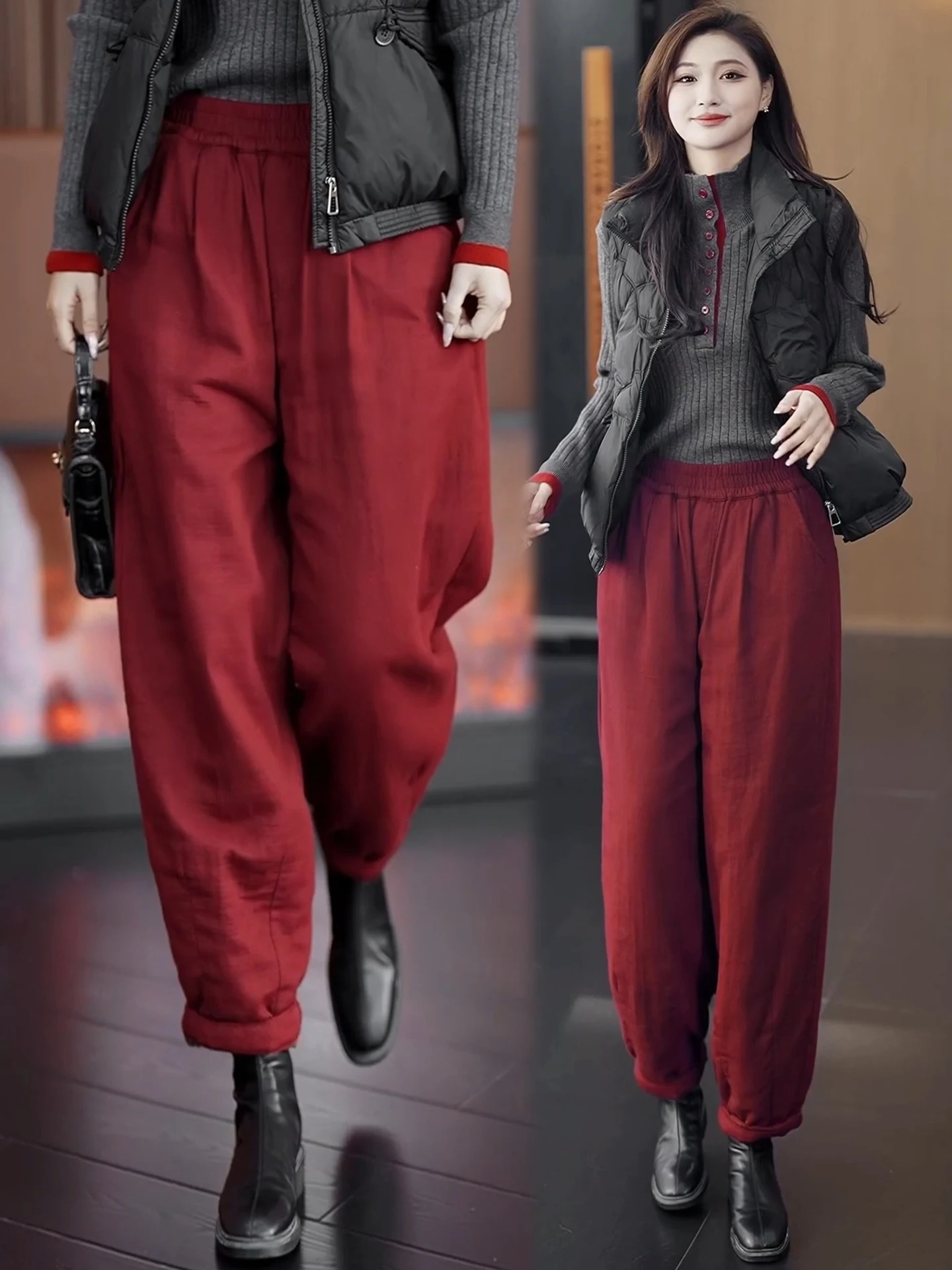 

High Waist Cotton Trousers Women's Winter Casual Cotton Pants Harlan Pants Outerwear Warmth Flattering for plus Size Ladies