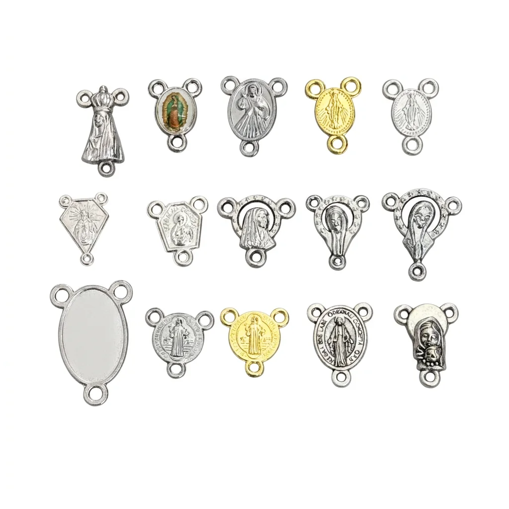 10Pcs 3-Hole Catholic Rosary Centerpiece Connectors Virgin Mary St Benedict Medal Charms for DIY Jewelry