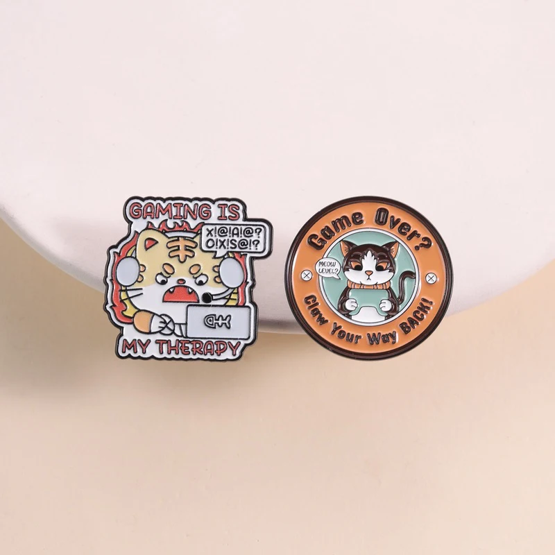 Gaming Is My Therapy Enamel Pins Angry Tiger Cute Cat Playing Game Animal Brooches Lapel Badge Jewelry Gifts for Gamer Friends