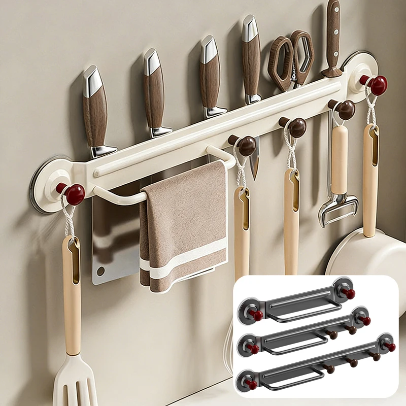 

Suction Cup Kitchen Organizer Wall Mounted Multifunctional Rack with Knife Slots Towel Bar Scissor Holder for Spatula Spoon Lid