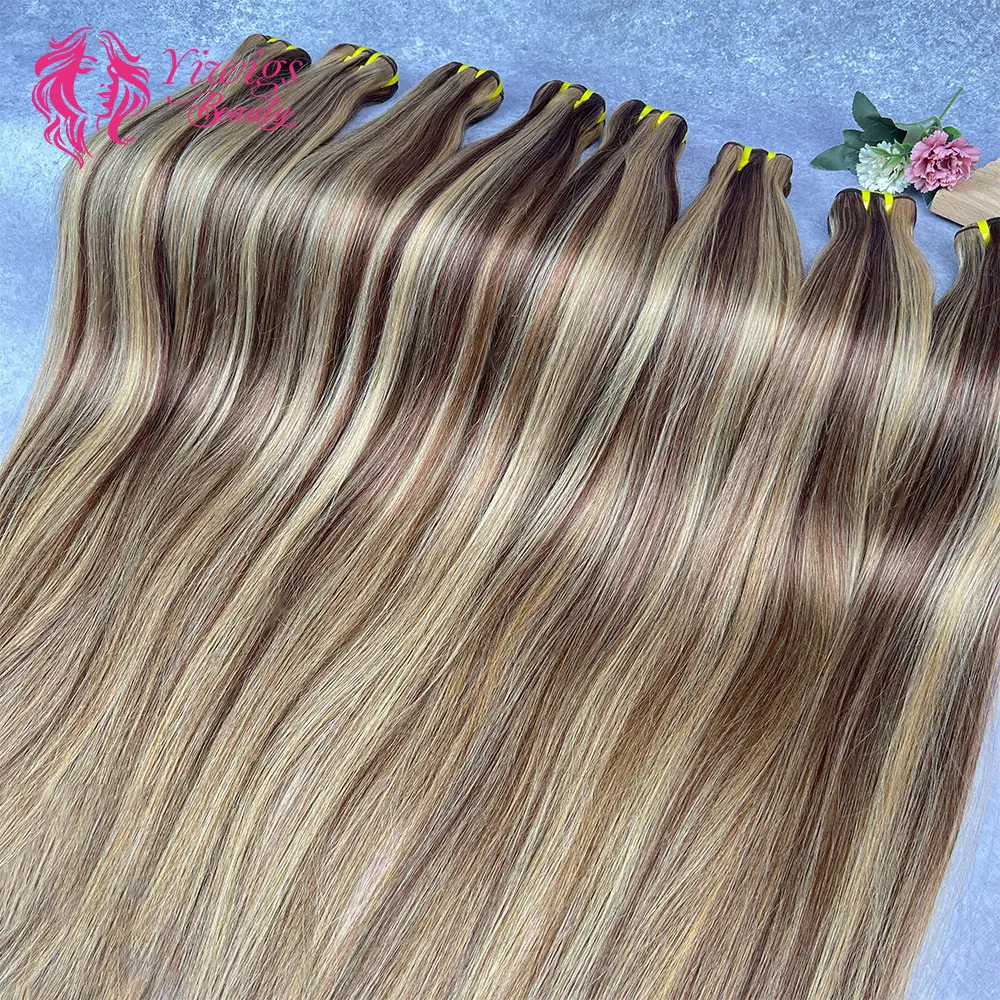 P427 Highlight Bone Straight Bundles Dark Brown and Honey Blonde Bundles Double Weft Weave Extensions Vietnamese Human Hair