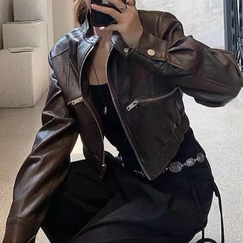 

Leather Jacket Casual Spring And Autumn Solid Color Drop Shoulder Loose Fashion Outerwear Korean Dongdaemun Women's Coat