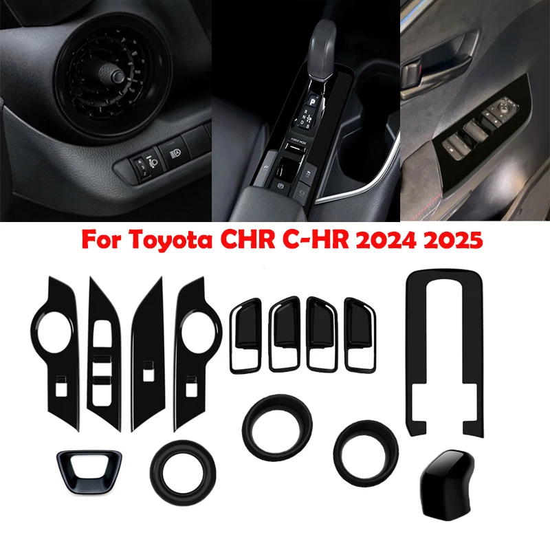 

For Toyota CHR C-HR 2024 2025 ABS piano black Interior Accessories window lift switch gear shift panle steering wheel AC Cover