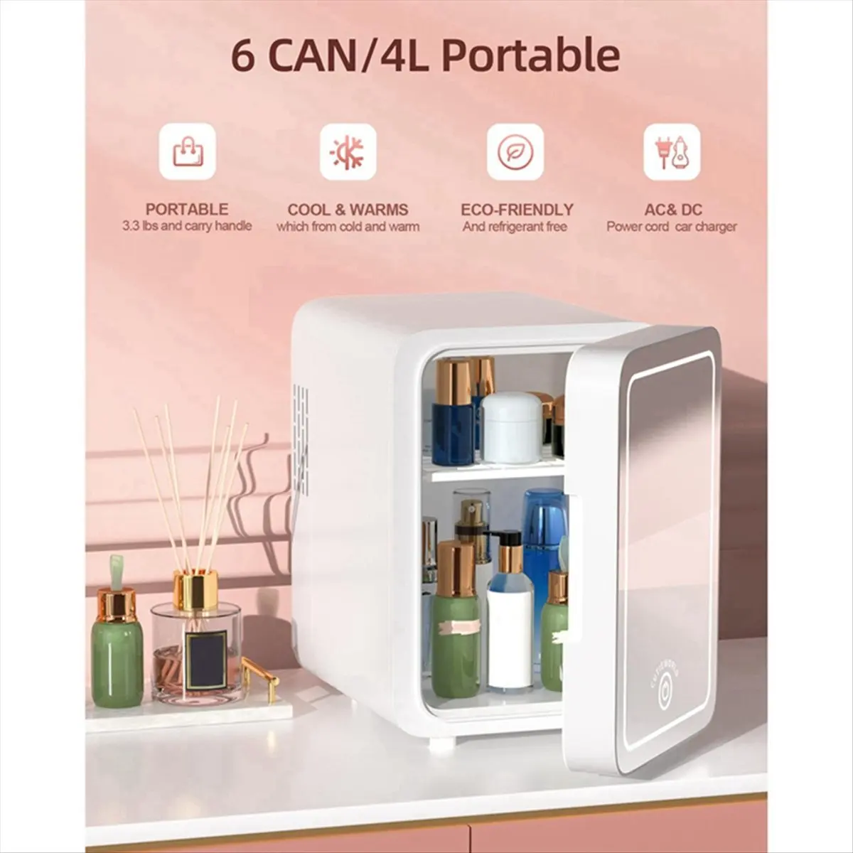 AA97 6L Makeup Fridge with LED Light Mirror Mini Fridge for Bedroom Car Small Refrigerator for Cosmetics, Skin Care US Plug-A
