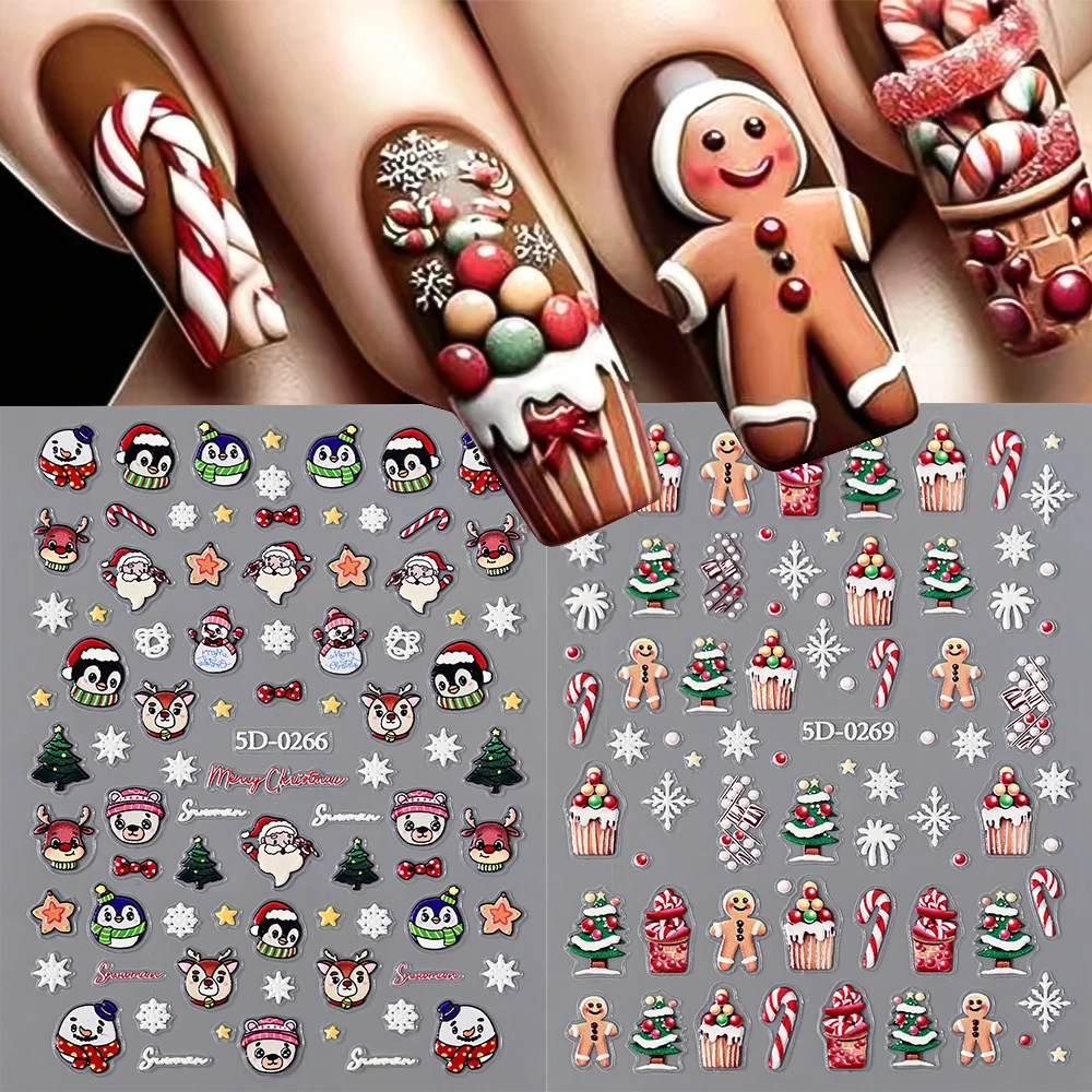 1pc クリスマス 5D ジンジャーブレッドマンケーキ雪の結晶ネイルアートステッカーパインギフト自己粘着スライダー冬クリスマス DIY マニキュアデカール