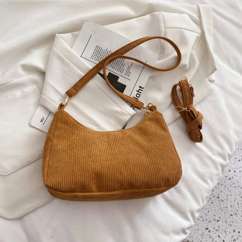 Solid Color Corduroy Women Shoulder Bag Luxury Designer Handbag Korean Casual Crossbody Bags Zipper Messenger Underarm Tote Bag