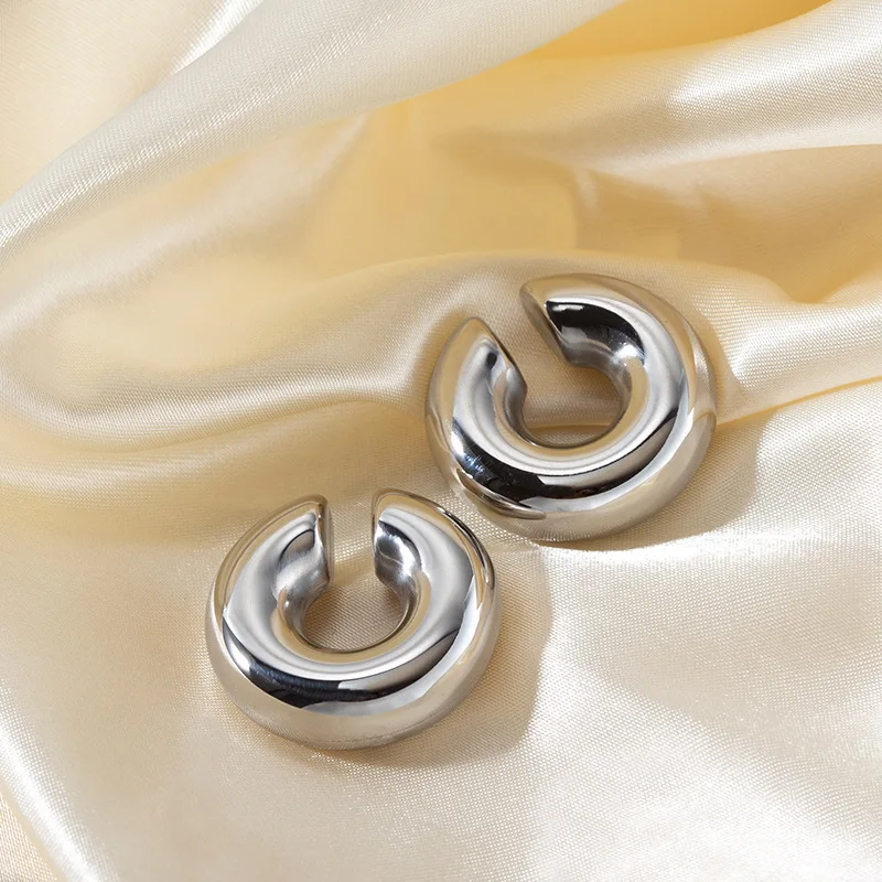 Mode Dicke Runde C Form Chunky Hoop Ohrringe Frauen Glänzend Kreis Gold Silber Farbe Stahl Nadel Stud Huggie Ohrringe Schmuck – Detail 6