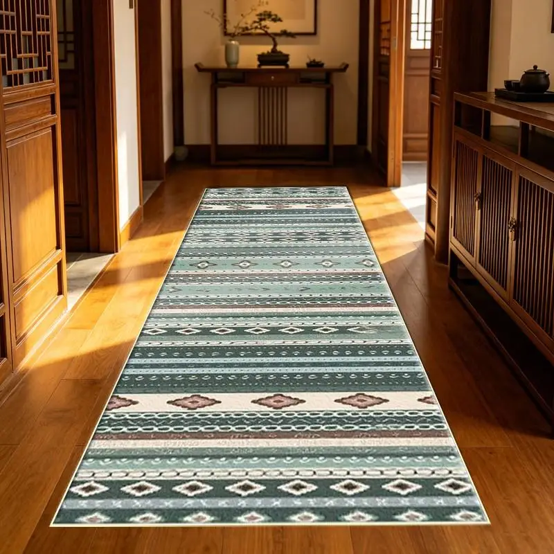 Boho Horizontal Stripe Ethnic Carpetflooring ,Green Vintage Geometric Tribal AreaRug for HomeDecor