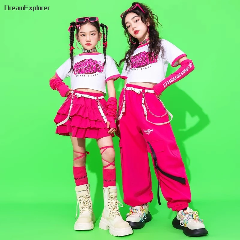 Girls Hip Hop Crop Top Cargo Pants Child Summer T-shirt Tiered Skirt Kids Streetwear Jazz Sweet Street Dance Costume Clothes Set