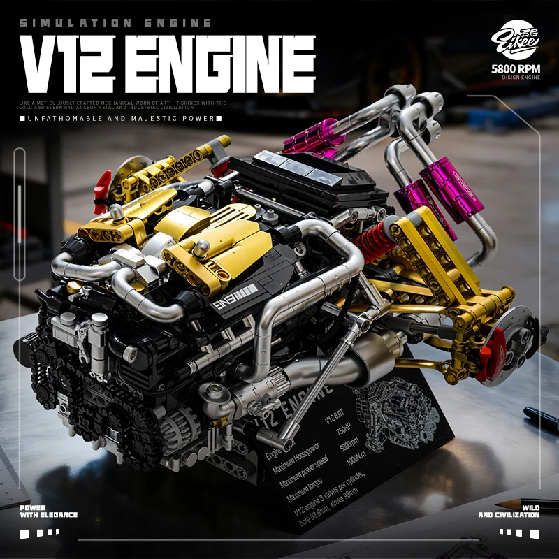 MOC V12 Simulation Engine Building Blocks, Mechanical Engine Model, DIY Assembly Bricks Set, Realistic Piston Linkage Structure