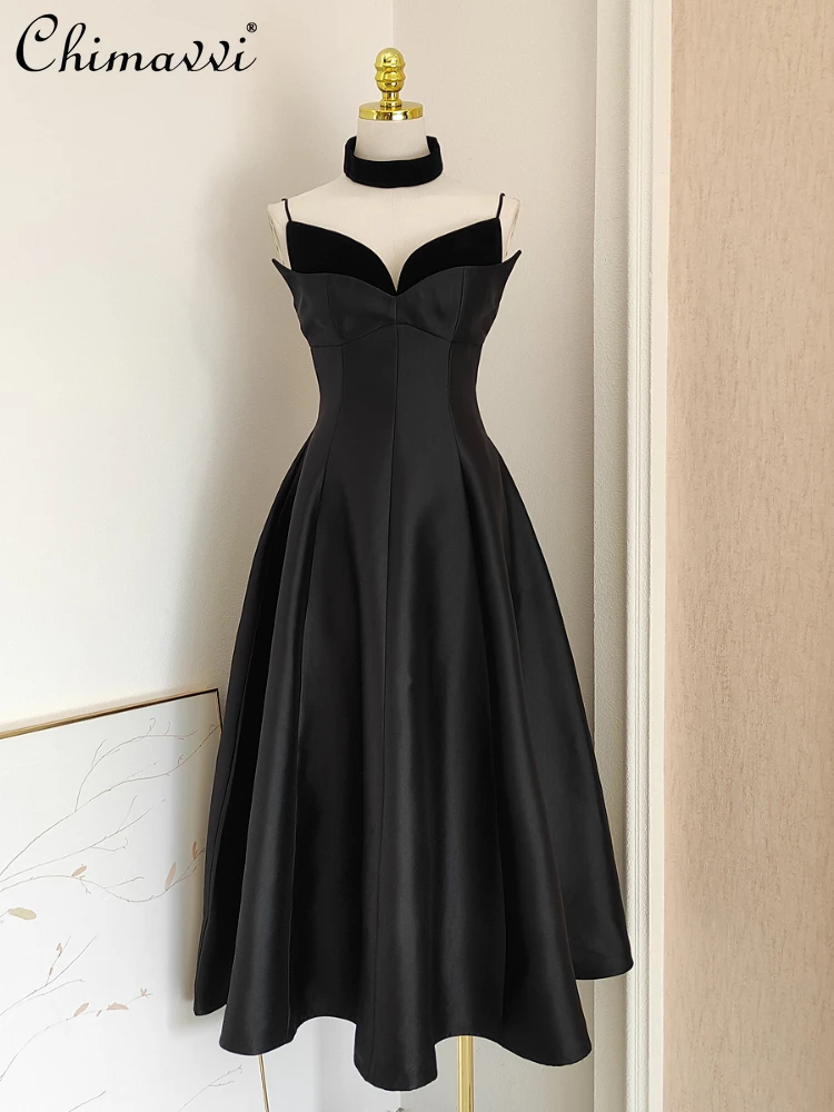 

French Hepburn Style Velvet High Waist V-neck Patchwork Women's Sling Dress 2023 Summer Fashion Slim Fit Black Party Dress