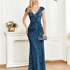 XUIBOL-vestido elegante de lantejoula com champanhe para mulheres, vestido longo sereia, decote em v profundo, baile e vestidos luxuosos, casamento e festa, 2021 6 principais vendas vestidos cerimonia convidada - №1