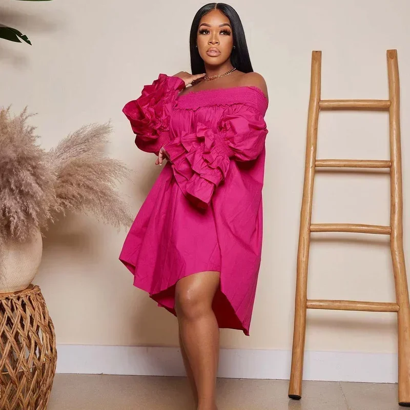 GUWU 오프 숄더 a 라인 섹시한 드레스 여성 우아한 슬래시 넥 프릴 플레어 슬리브 튜닉 셔츠 드레스 루즈 캐주얼 파티 드레스