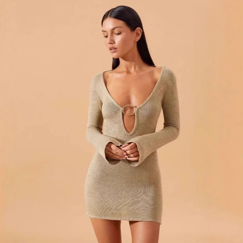 Sexy praia sem mangas vestido oco para fora bodycon saia manga longa anel design transfronteiriço primavera verão nova chegada feminino dres