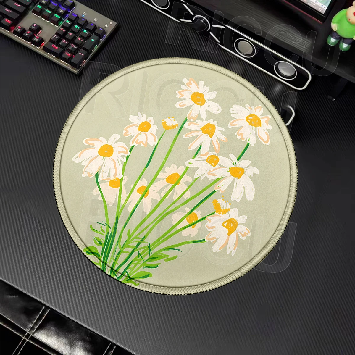 Flower Art Green Plants Mouse Pad Cute Daisy Mousepad PC Cabinet Mousemat Round Rubber Pad Office Accessories PC Cabinet Deskmat