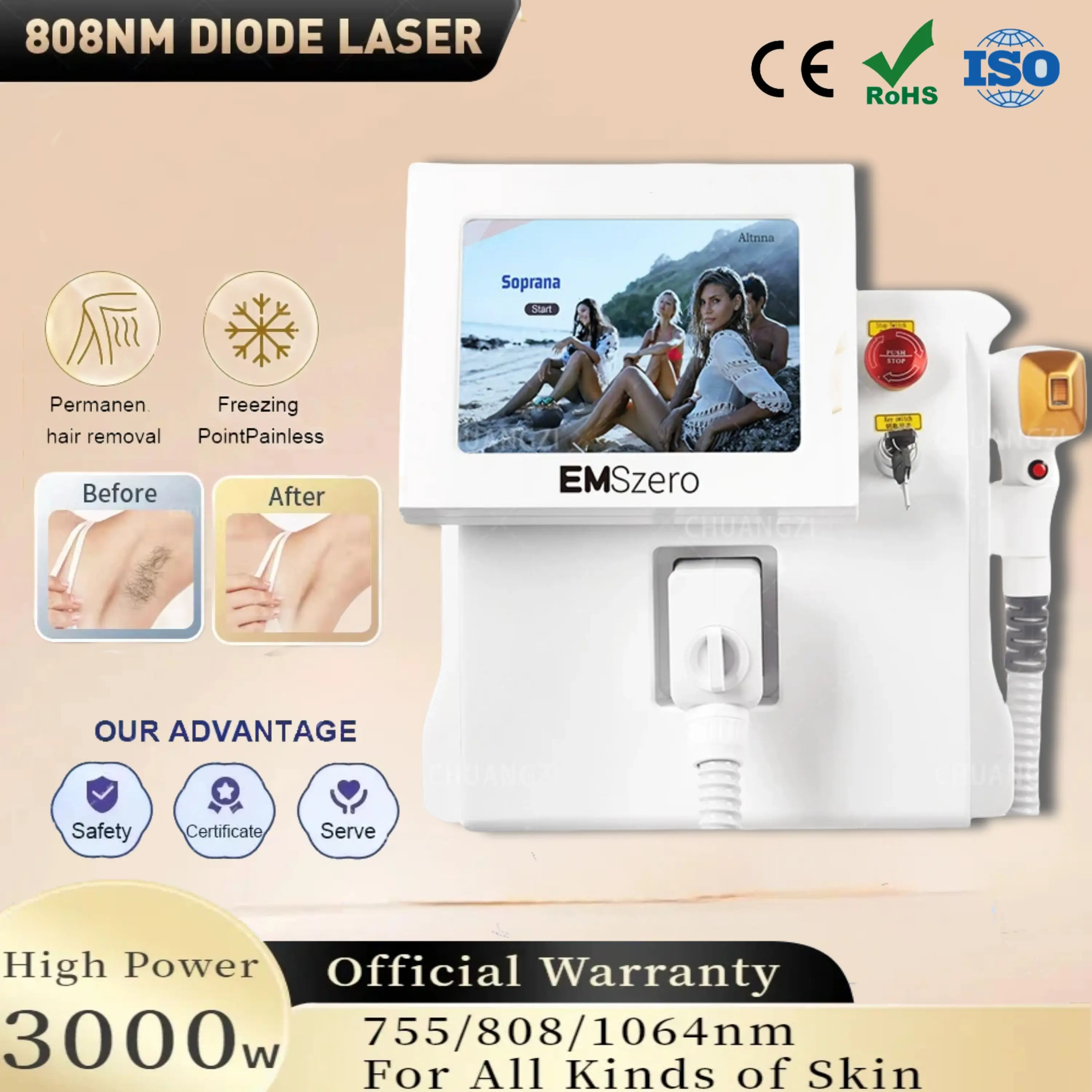 

Diode Laser Hair Removal Professional Machine 3000W Painless Cooling Permanent Lazer Hair Removal 3 Wavelengths 755 808 1064NM