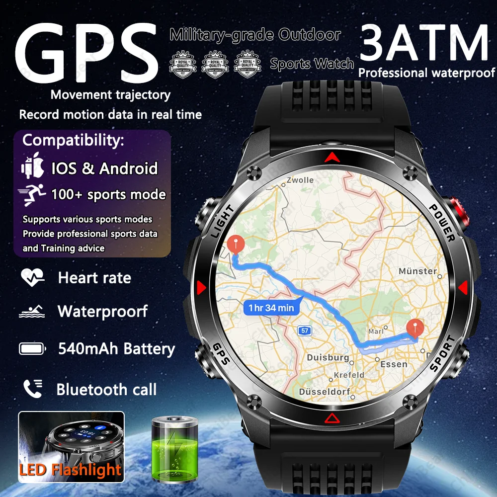 

New Military Outdoor Sports Smart Watch GPS Motion Track 3 ATM Waterproof Heart Rate HD Bluetooth Call Smartwatch Men For Xiaomi