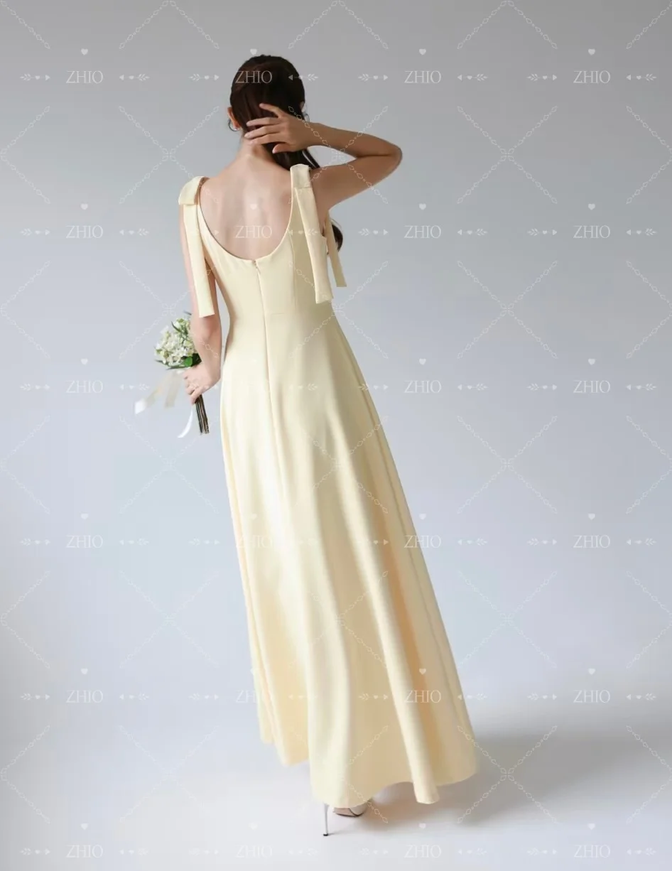 ชุดแต่งงานผ้าซาตินสีขาวเรียบง่าย สายเดี่ยวผูกโบว์ ชุดราตรีสไตล์เกาหลี สำหรับถ่ายภาพ ชุดเจ้าสาวสั่งตัด