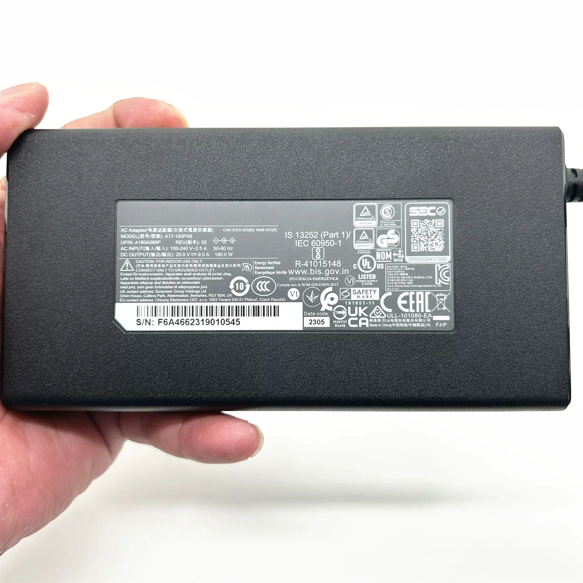 Original power adapter charger 180W 20V9A compatible for  Mechrevo R15, Jiangxing X15 A17-180P4B