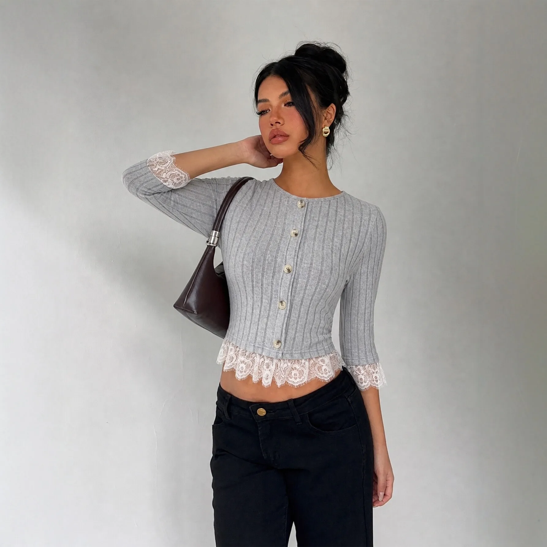 Women's Summer Cardigan Knit Top Slim Fit Round Neck Half Sleeve Solid Color Elegant Casual Pullover Cardigan for Women Grey