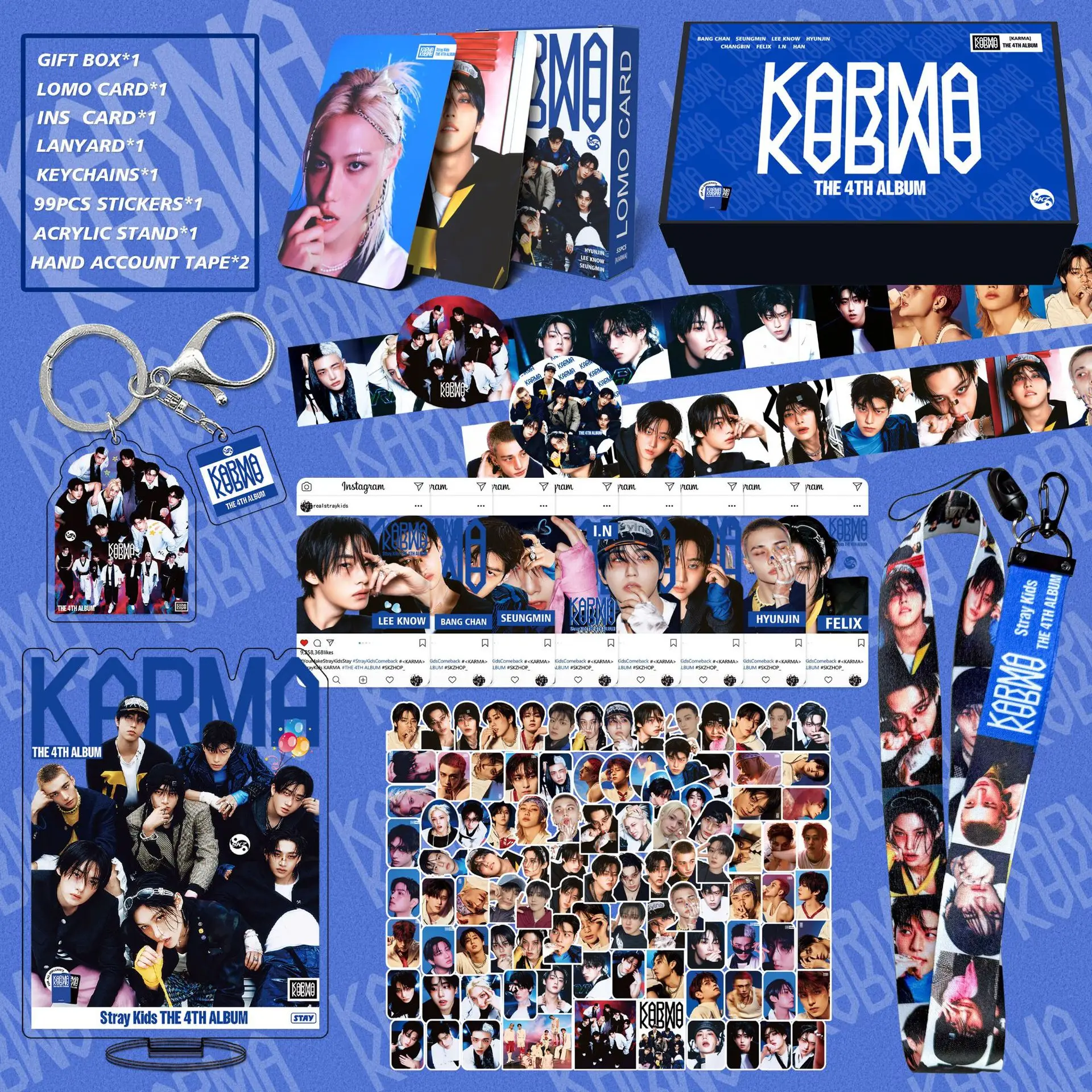 

StrayKids Men's Band Celebrity Gift Box Album KARMA SKZOO Peripheral Celebrity Stand up Stickers Small Card Hanging Rope Set