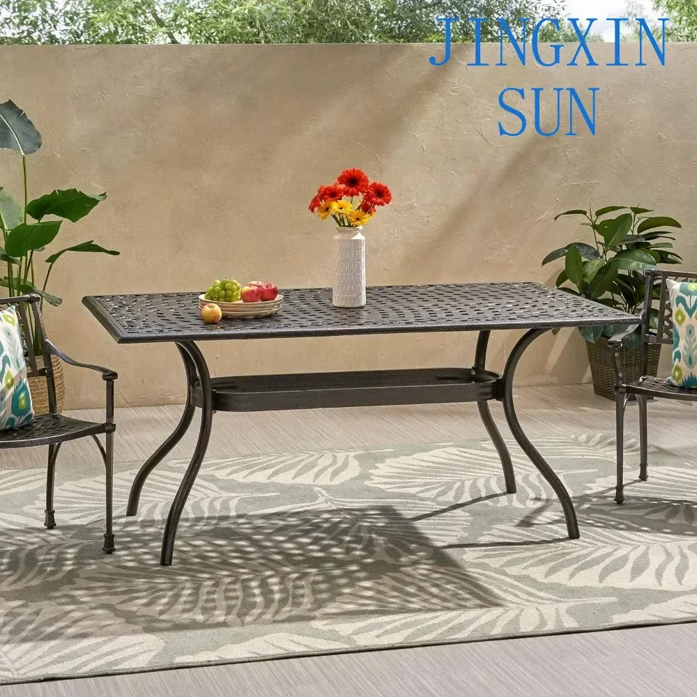 Outdoor Dining Table, Hammered Bronze, Aluminum with pre-drilled outdoor umbrella hole in the center