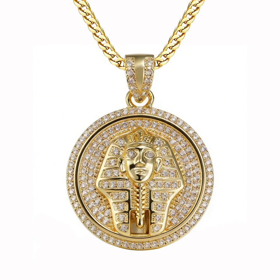 VANAXIN Hip Hop Round Egyptian Pharaoh Head Pendant Men Necklace Fashion Gold Color  Iced Out  Full pave cubic zirconia Jewelry