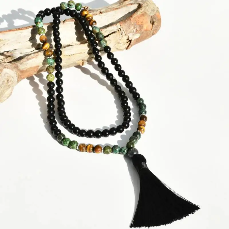 

Natural Black Obsidian 108 Beads Mala Necklace with Tiger's Eye & Green Jasper Accent Black Tassel Spiritual Jewelry
