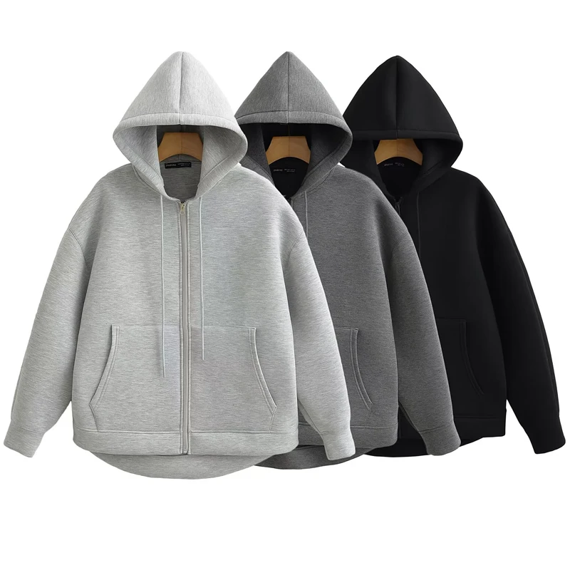 เสื้อฮู้ดผู้หญิง HXAO 2025 ทรงโอเวอร์ไซส์ สไตล์ชิค สีดำ เทา เทาเข้ม เสื้อฮู้ดแขนยาวแบบมีซิป