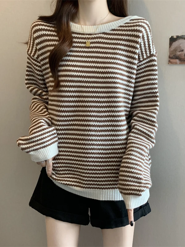 سترة محبوكة مخططة حمراء غير متناظرة للنساء فضفاضة تناسب غير رسمية Sle الكورية Faion با القوس عقدة