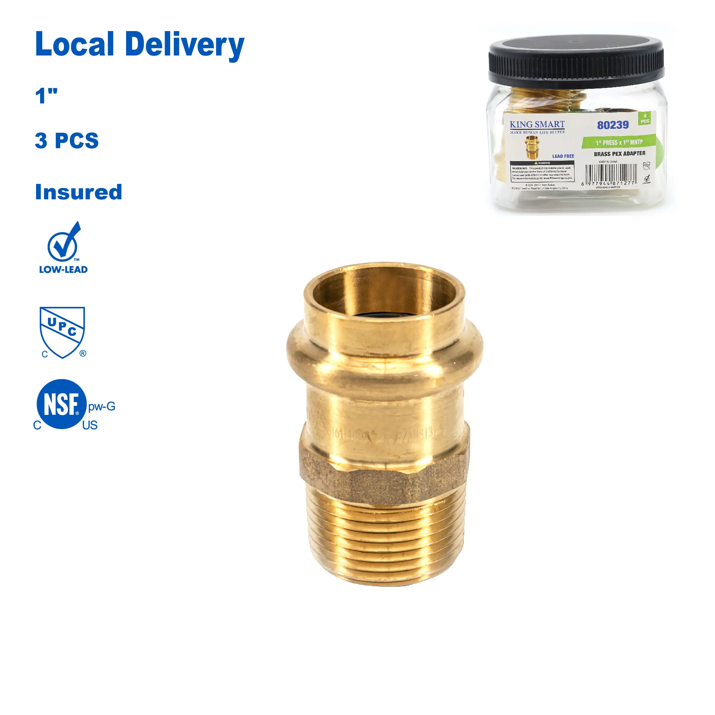 

KING SMART 1" Press * 1" Male NPT Straight Adapter; 3 Pcs/Case; Lead Free Brass; 80239