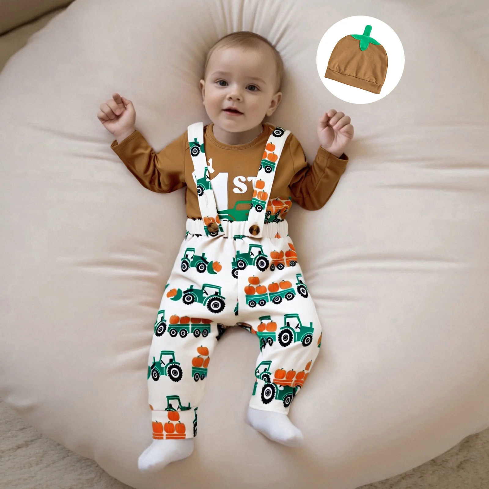 

Baby Halloween 3Pcs Pants Sets Long Sleeve O Neck Romper Tractor Pumpkin Print Suspender Pants Hat