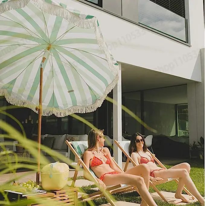 New Striped Beach Umbrella Garden Courtyard Sun Umbrella Pool Pastoral Vacation Outdoor Shading Tassel Umbrella
