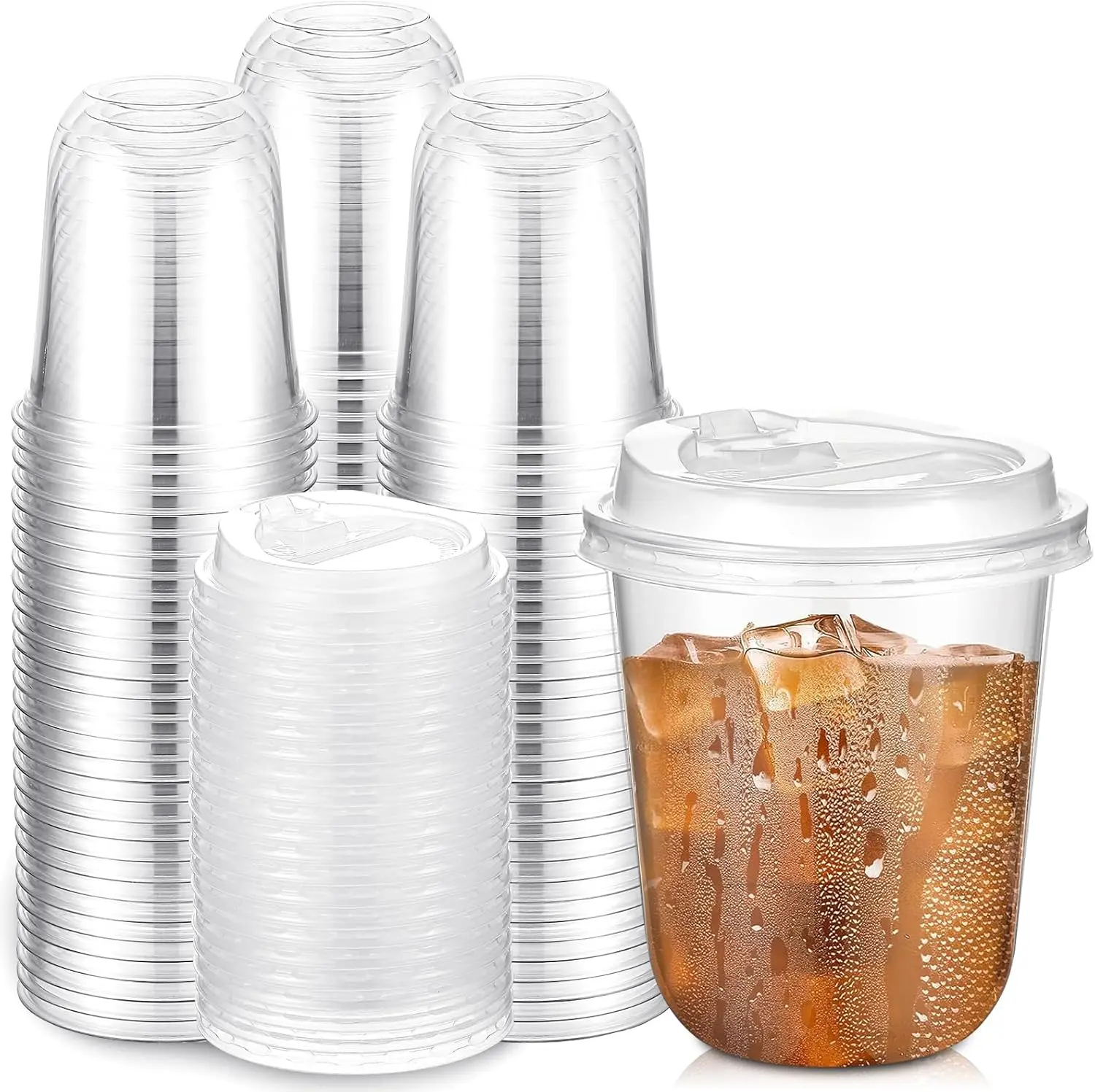 

100 Sets 12oz Disposable Crystal Clear Plastic Cups With Lids, Round Bottom Iced Coffee Cups With Lid
