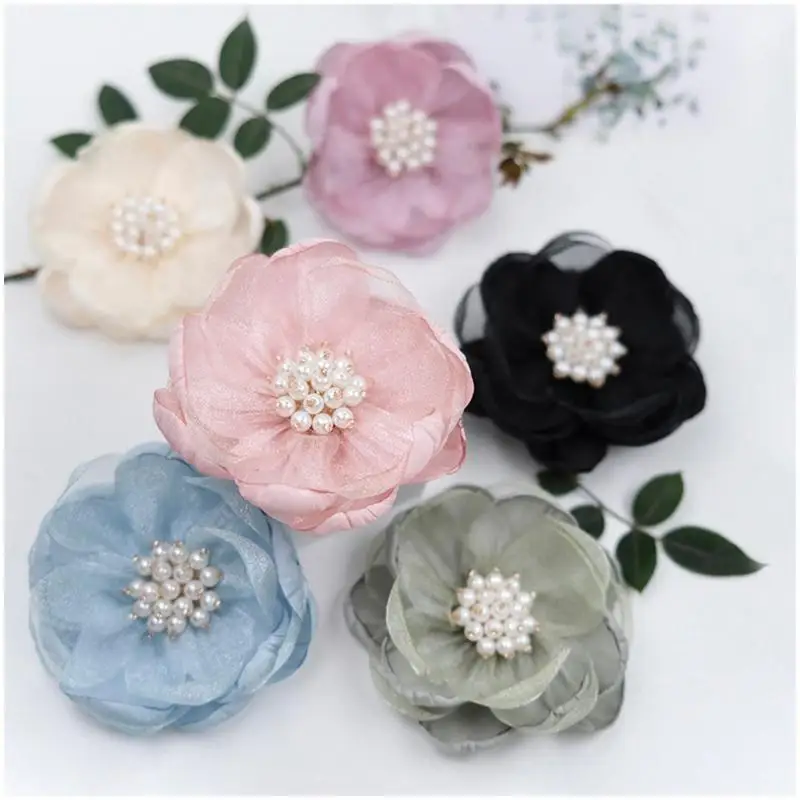 5 Stücke Nähstoff 3D Chiffonblume Chiffonperlen Zentrum Künstliche Blume Schuhdekoration Gebrannter Rand DIY Nähapplikation – Detail 6