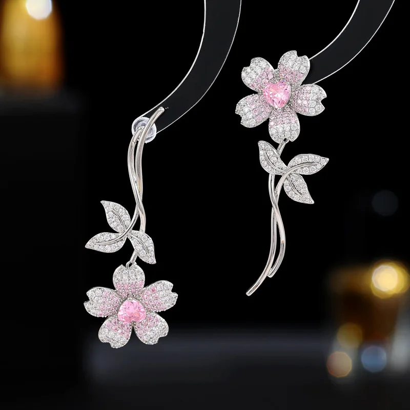 New Fashion Zircon Cherry Blossom Show Dress Earrings Creative Design Light Luxury And Luxury Asymmetric Flower Earrings