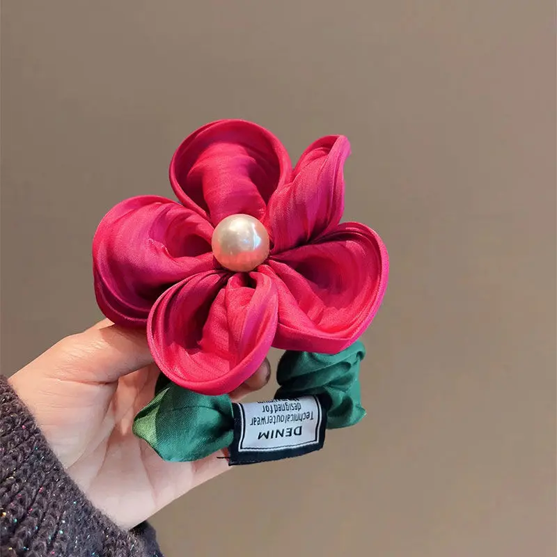 

New Spring Atmosphere Pearl Head Rope Temperament Large Intestine Hairband Fairy Style Big Flower Leather Stretching