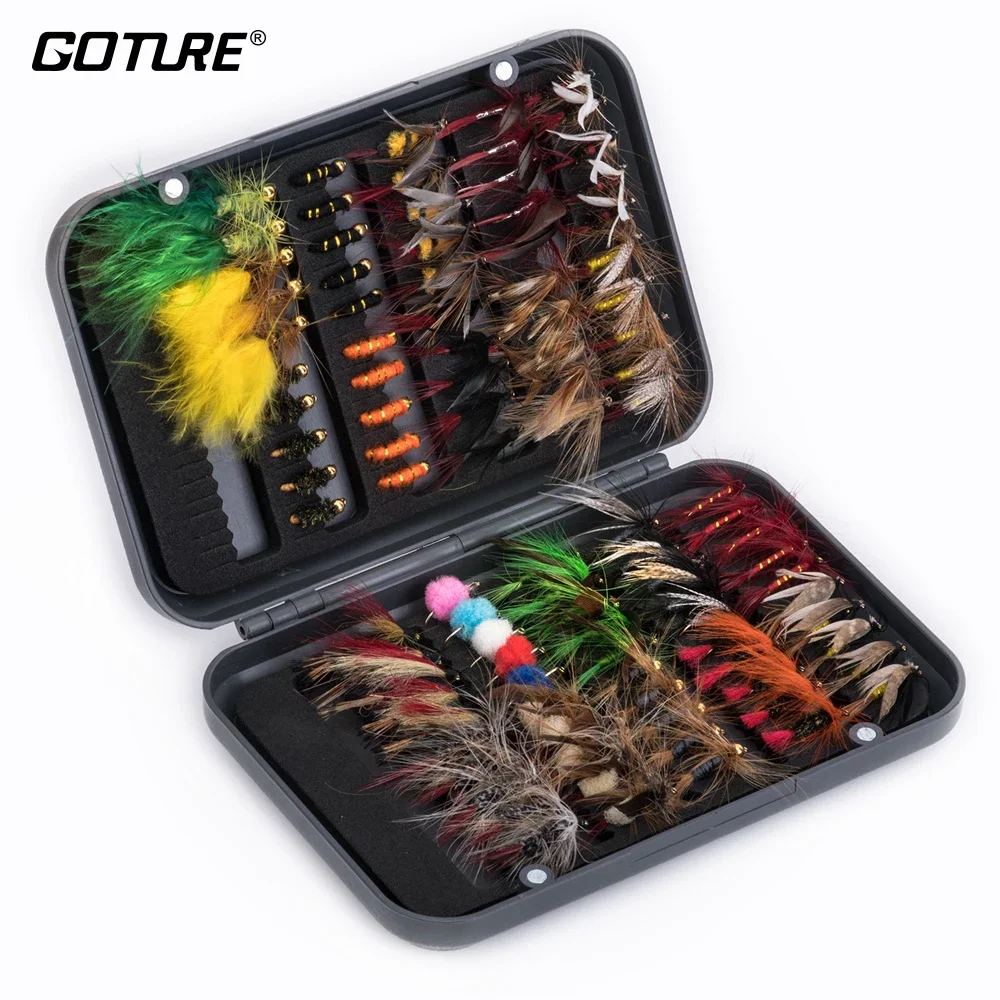 

Goture Fly Fishing Lures 100pcs/Set Wet Dry Streamer Nymph Flies Artificial Bait for Trout Bass Fly Pesca Isca with Box