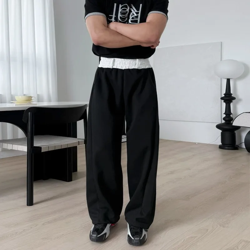 

Korean Style Color Blocked Elastic Waisted Casual Sweatpants 2026 Summer New Street Loose Wide Leg Pants for Men Streetwear