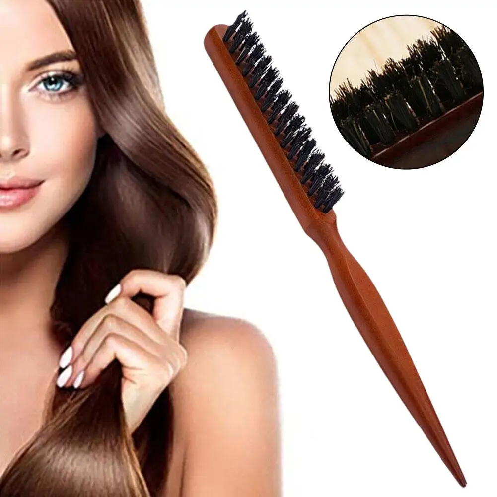 Anti-Static Wooden Handle Hair Brush With Natural Boar Massage Comb Three-row Comb Fluffy Bristle Hair Styling Scalp K0G3