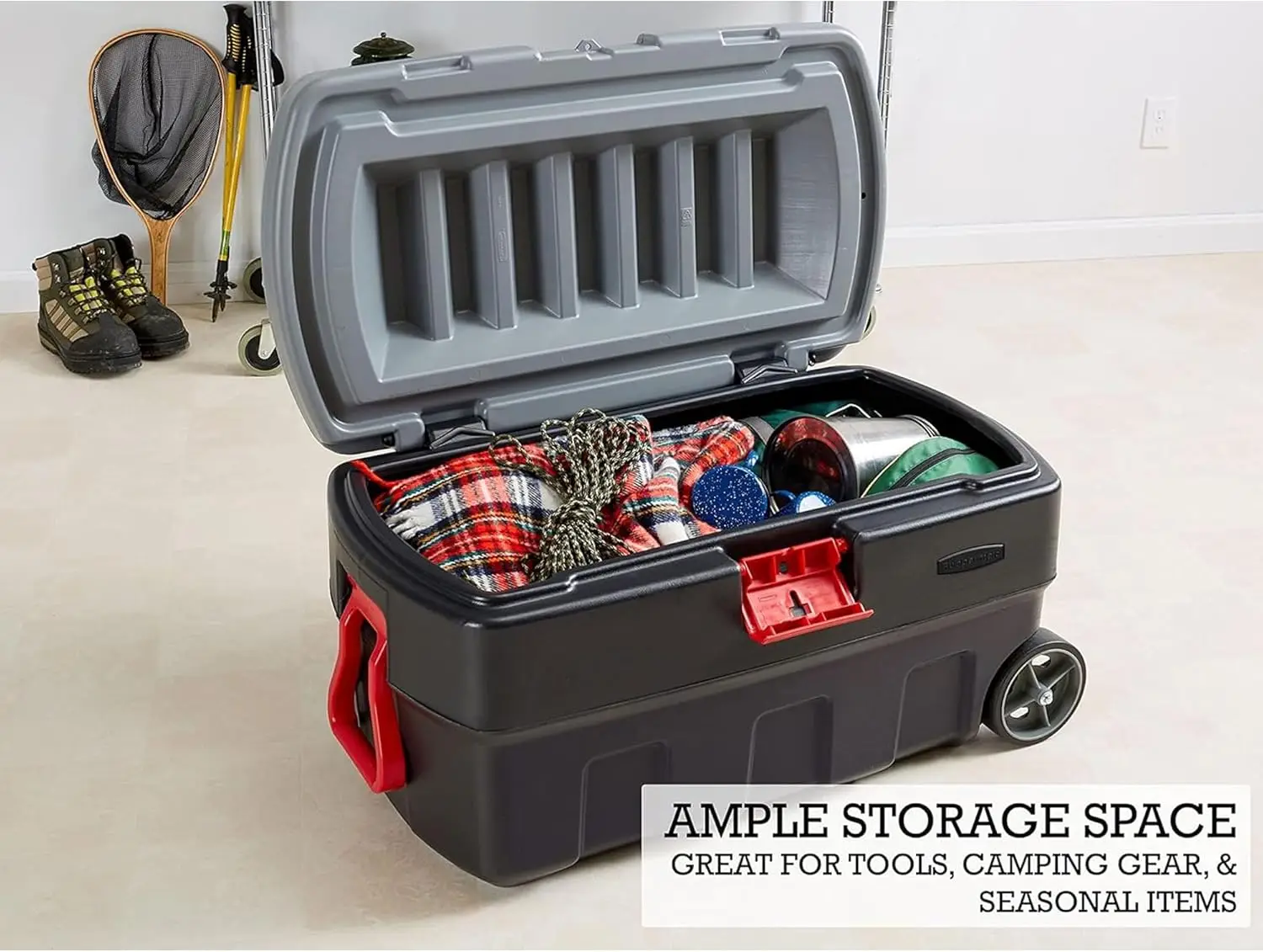 35 Gallon, Lockable Plastic Storage Bin with Lid and Wheels- Outdoor, Industrial, Rugged, Camping Gear and Truck Bed Storage