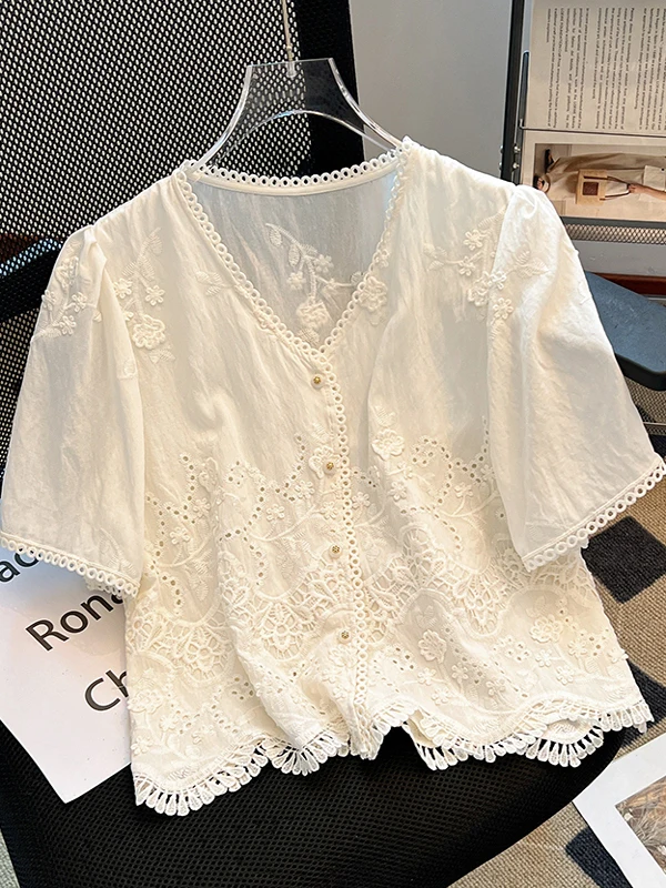 

Retro Heavy Embroidery Hollow ort Sve V-Ne Open Cardigan irt Women's Summer Faion Lace Trim Loose Fit Button up